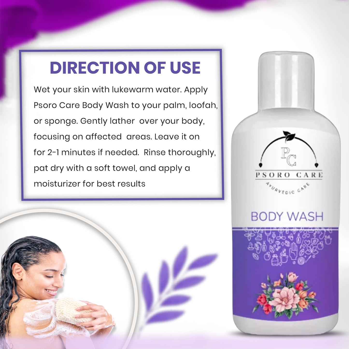 Psoro Care Organic Body Wash with Aloevera, Rose, Mogra, Almond, Turmeric, Olive oil for Man & Woman | 300 ML | Pack of 1