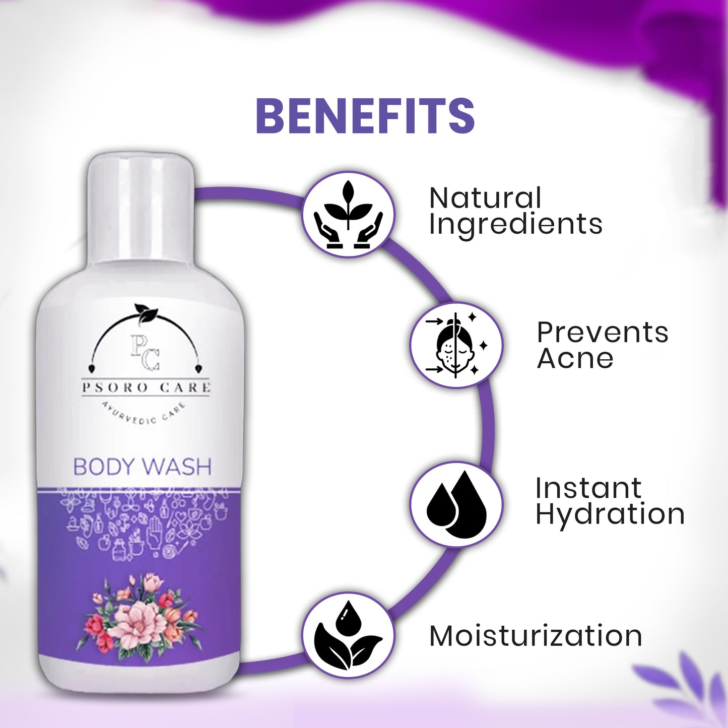 Psoro Care Organic Body Wash with Aloevera, Rose, Mogra, Almond, Turmeric, Olive oil for Man & Woman | 300 ML | Pack of 1