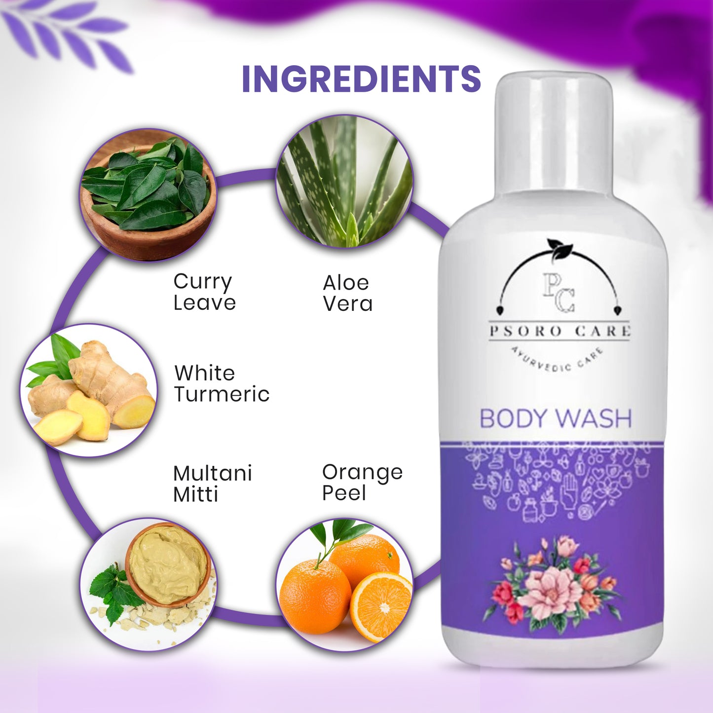 Psoro Care Organic Body Wash with Aloevera, Rose, Mogra, Almond, Turmeric, Olive oil for Man & Woman | 300 ML | Pack of 1