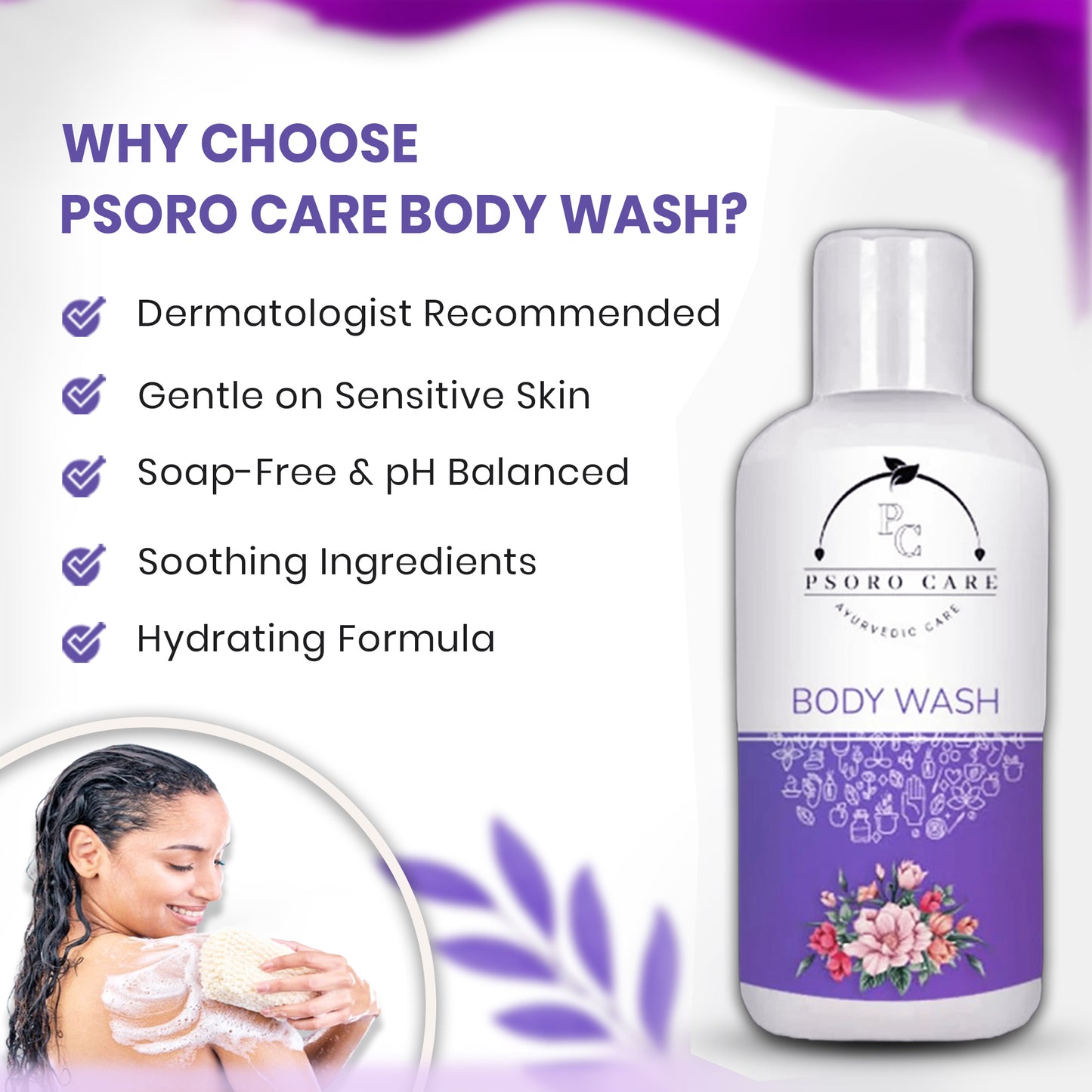 Psoro Care Organic Body Wash with Aloevera, Rose, Mogra, Almond, Turmeric, Olive oil for Man & Woman | 300 ML | Pack of 1